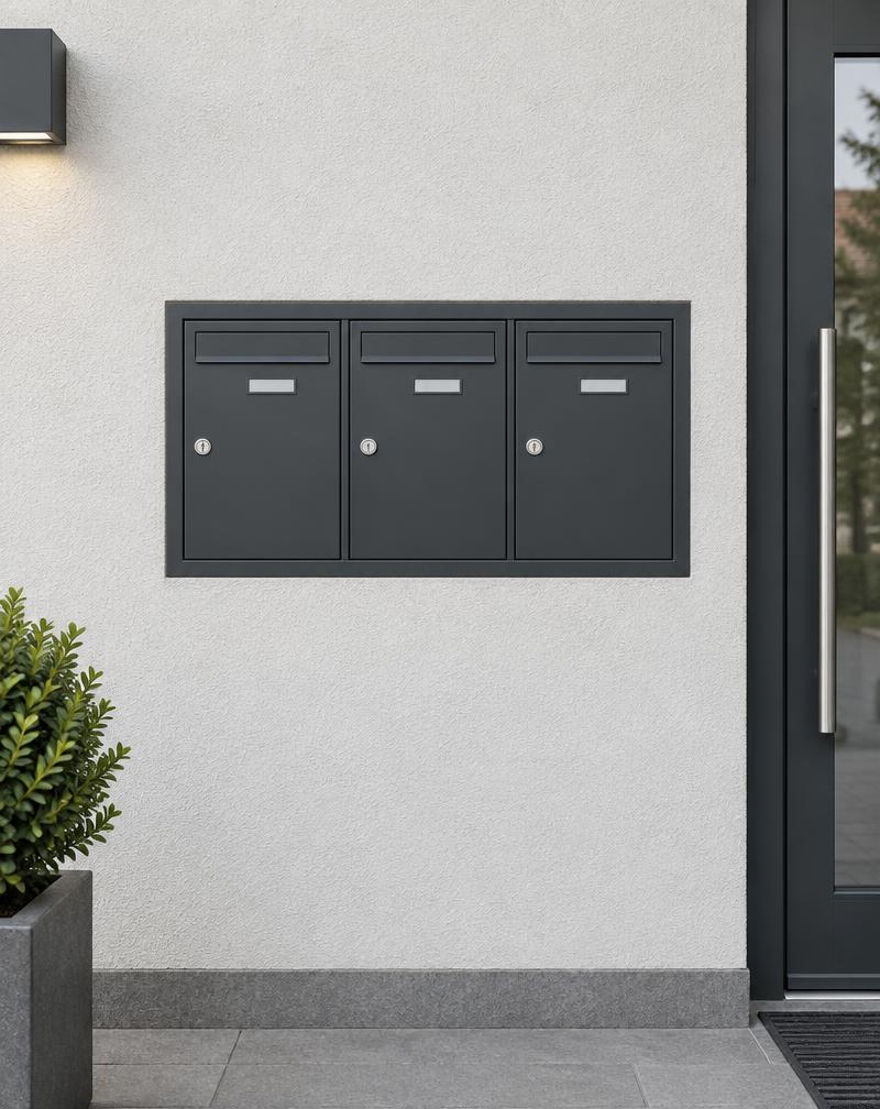 Symbolbild: 3er Briefkasten Anlage Unterputz Montage RAL 7016 Anthrazit